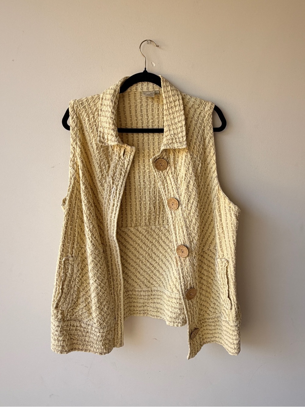 100% Cotton Textured Sleeveless Button Vest Cardigan - Cream
